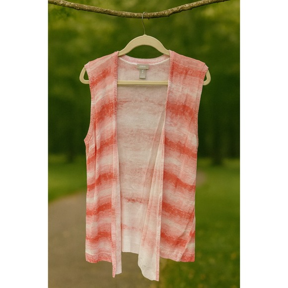 Chico's Sweaters - 🌺 Chico's Size 3 Open Front Sleeveless Cardigan Vest – Pink Watercolor Stripe –